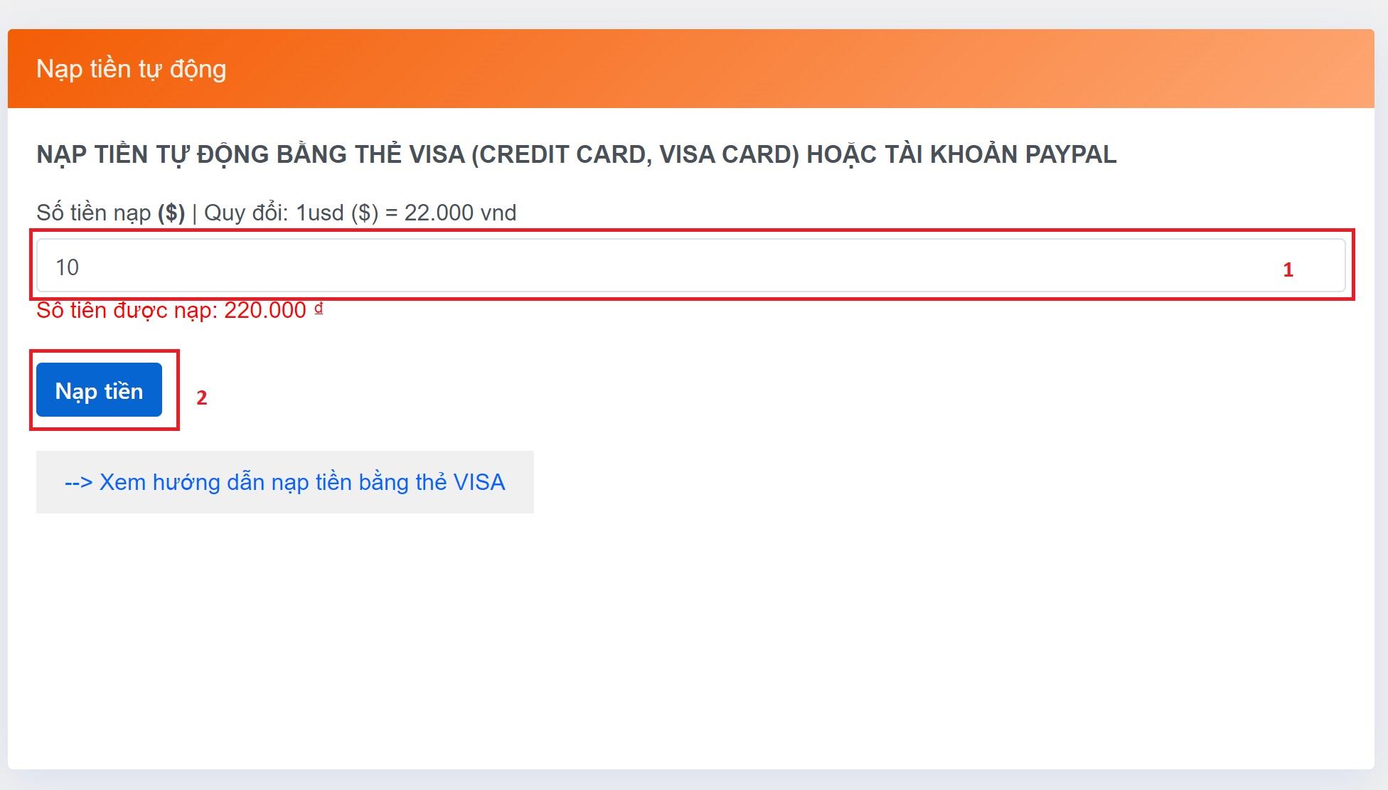 Hướng dẫn nạp bằng visa